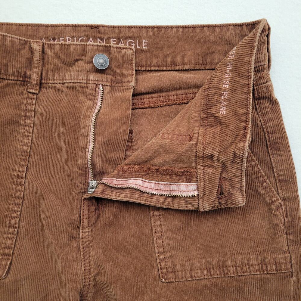 American Eagle Super Hi-Rise Flare Corduroy Pants 10 Brown Patch Pocket 70s Fall - Picture 6 of 10